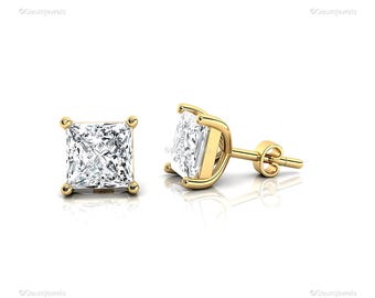 IGI Certified 1ct Princess Cut Lab Diamond Studs - 18k Yellow Gold
