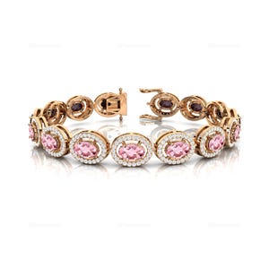 Tennis Bracelet Natural Oval Morganite Halo Diamond 14k Fine Gold Jewelry Perfect Wedding & Engagement Gift For Mother