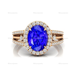 Tanzanite & Diamond Halo Ring Set: 14k Gold Bridal Jewelry