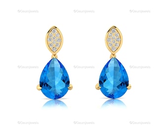 Swiss Blue Topaz Teardrop Gemstone Gold Wedding Earrings - 14k Yellow Gold Diamond Drop Fine Engagement Jewelry Perfect Gift For Bridesmaid