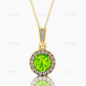 Round Cut Green Peridot Halo Pendant – August Birthstone Necklace, Personalised Jewellery Gift for Girlfriend, Bridal & Anniversary Gemstone