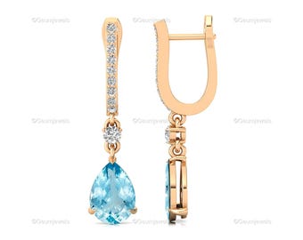 Genuine Pear Aquamarine Drop Dangle Gemstone Anniversary Earrings - 18K Solid Yellow Gold Natural Diamond Fine Wedding Jewelry Gift For Her