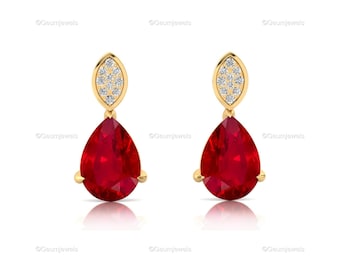 18k Rose Gold Teardrop Ruby Gemstone Earrings - Solid 14k Gold Dainty Diamond Bridesmaid Fine Jewelry Wedding & Engagement Gift For Fiancé