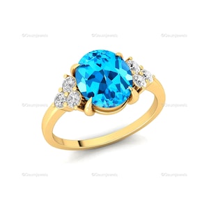 Anillo de topacio azul suizo ovalado con diamantes en oro de 14 k y 18 k. Anillo de compromiso con piedra preciosa azul. Anillo de compromiso de boda. Piedra natal de diciembre para mamá.