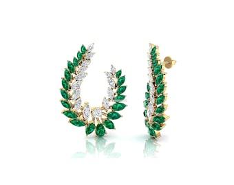 Emerald Earrings, Lab Diamond Earring, Chandelier Earrings Bride Gift, hallmarked Gold