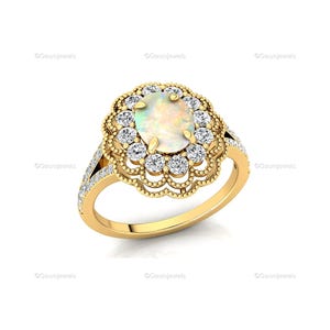 Ethiopian Opal Anniversary Ring in 14k 18k Gold - Halo Diamond Ring | Anniversary or Wedding Gift | Split Shank Band Opal Jewelry