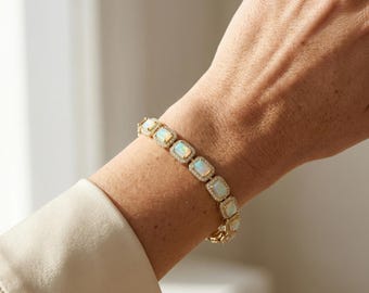 Ethiopian Opal Diamond Halo Tennis Bracelet, 14kt Yellow Gold, October Birthstone