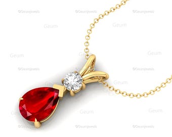 Teardrop Ruby 14kt - 18kt Solid White Gold Necklace - Perfect Bridesmaid Pear Solitaire Loop Diamond Pendant - Wedding Jewelry Gift For Her