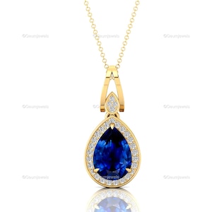 14k Halo Diamond Yellow Gold Wedding Pendant - Pear Cut Blue Sapphire Solitaire Necklace - Engagement & Anniversary Gift For Her or Fiancé