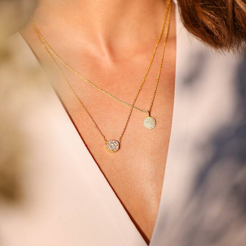 Dainty Necklace 18k Solid Gold Disc Necklace Diamond Etsy