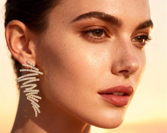 Lab Created Diamond Earrings, Designer Couture Jewelry for Bride, 14kt White Gold Dangle
