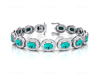 Tennis Bracelet, Paraiba Tourmaline 14k Gold Bracelet, Genuine Diamond Blue Tourmaline Bracelet Halo