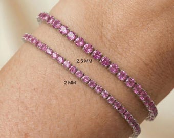 Natural Pink Sapphire 14kt White Tennis Bracelet, Dainty Stackable Birthstone Jewelry