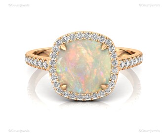 Pave Halo Diamond Engagement Ring | Gorgeous Ethiopian Opal Cushion Ring in 14kt Gold | Bridal Wedding Gift for Fiancé
