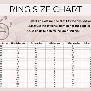 May include: A ring size chart with instructions on how to measure your ring size. The chart shows ring sizes in millimeters, GEUM, EU, UK, USA, and India.