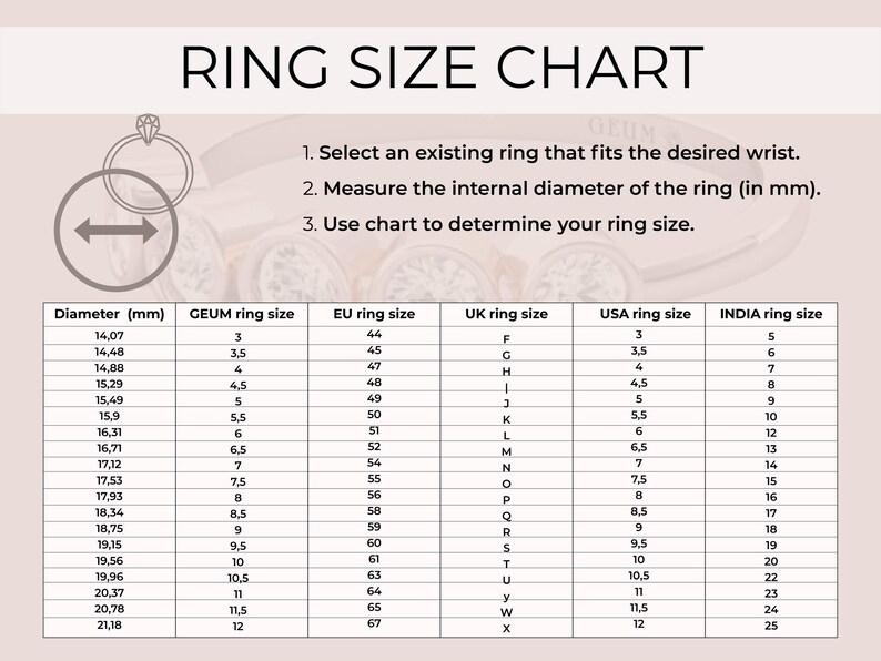May include: A ring size chart with instructions on how to measure your ring size. The chart shows ring sizes in millimeters, GEUM, EU, UK, USA, and India.