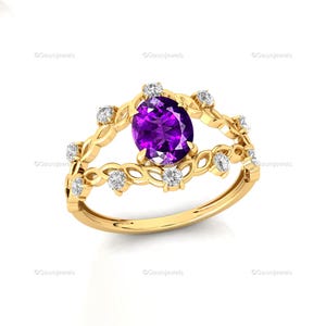 14kt 18kt Solid Gold Oval Amethyst Ring | Vine Diamond Accent | Bridal, Engagement, Promise Jewelry Gift for Wife