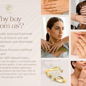 May include: Collage of jewelry images, including rings and bracelets. The text "Why buy from us?" is displayed, followed by bullet points about ethically sourced diamonds, competitive pricing, and a refund policy. The jewelry is gold and features diamonds.