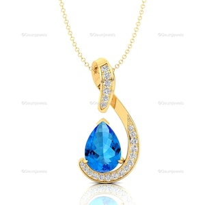 Teardrop Swiss Blue Topaz Pendant - 14kt or 18kt Gold - December Birthstone Jewelry - Designer Diamond Loop Necklace Wedding Gift for Sister
