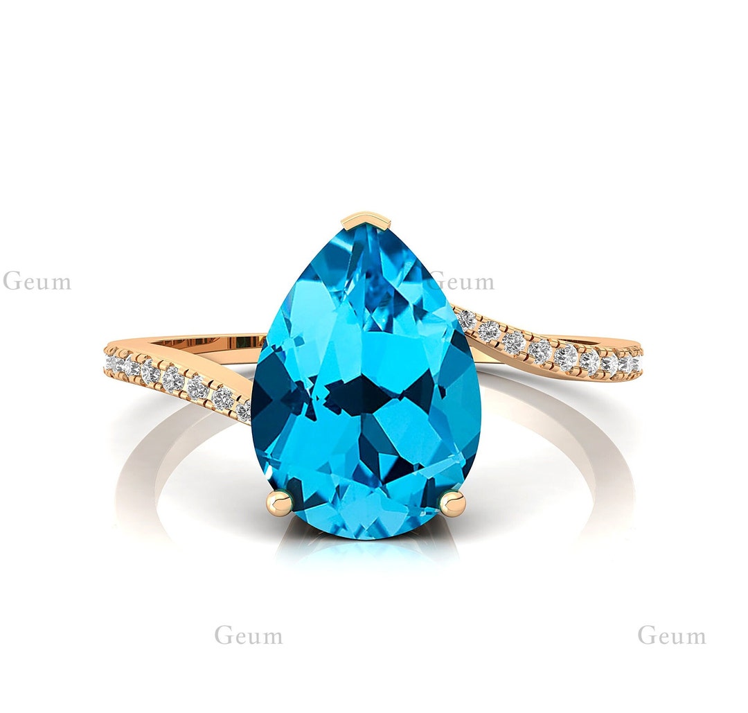 Engagement Ring Swiss Blue Topaz Solid Gold Ring Diamond - Etsy
