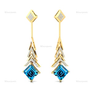 London Blue Topaz Square Cut Earrings, Diamond Dangle Drops in 14k/18k Solid Gold, December Birthstone Anniversary Jewelry Gift for Her