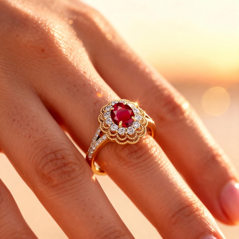 Gold Ruby Ring, Vintage Ruby Ring, Ruby Engagement Ring, Diamond Halo Ring, Filgree Design image 1