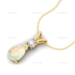 Dainty Pear Cut Ethiopian Opal Pendant in 18kt Gold – Double Loop Diamond October Birthstone Handmade Necklace Jewelry Gift For Mother