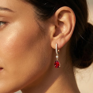 Ruby Earring, 14K Drop Diamond Fine Gold July Birthstone