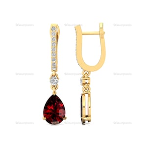Natural Teardrop Garnet 14k Yellow Gold Dangle Earrings - Pave Diamond Pear Cut Leverback Gemstone Fine Gold Jewelry Wedding Gift For Her