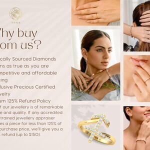 May include: Why buy from us? Ethically sourced diamonds, gems as true as you are, competitive and affordable pricing, exclusive precious certified jewelry, and a 125% refund policy.  A collage of images featuring gold jewelry with diamonds.