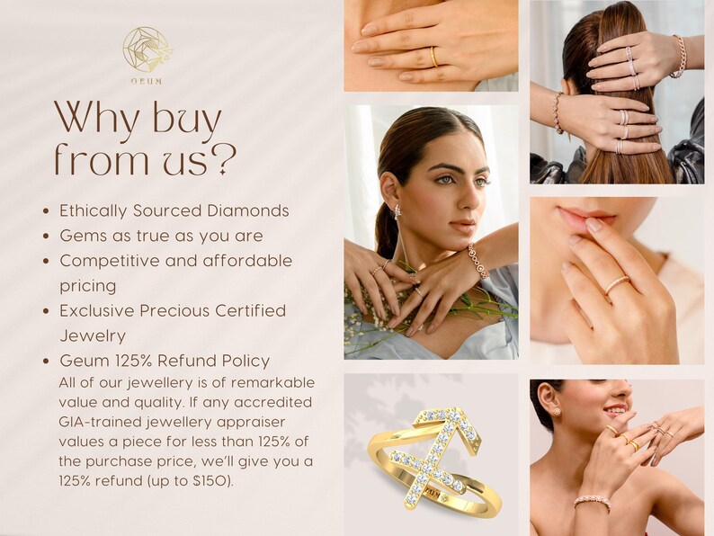 May include: Why buy from us? Ethically sourced diamonds, gems as true as you are, competitive and affordable pricing, exclusive precious certified jewelry, and a 125% refund policy.  A collage of images featuring gold jewelry with diamonds.