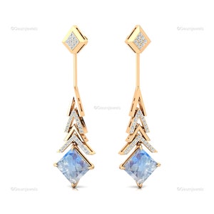 14k Gold Rainbow Moonstone Drop Earrings: Diamond Dangle Jewelry