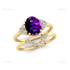 Natural Amethyst Ring 14K 18K Gold | Oval Cut Purple Gemstone Ring | Promise, Anniversary Wedding Gift Jewelry Accent Diamond Stacking Ring