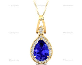 Pear Tanzanite Pendant Necklace Solid 14k White Gold – December Birthstone Halo Diamond Fine Handmade Jewelry Gift For Her or Bridesmaid