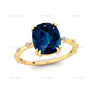 Natural Cushion London Blue Topaz Engagement Ring - 18k Solid White Gold Fine Accents Diamond Wedding & Anniversary Jewelry Gift For Mother