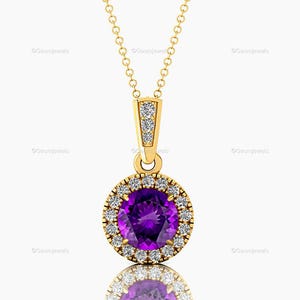 14kt / 18kt Gold Amethyst Anhänger • Februar Birthstone Schmuck • Handgemachtes Edelstein Geschenk für Frau Brautschmuck Halo Diamant Halskette
