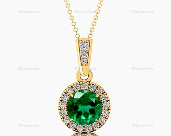 14kt Gold Round Cut Emerald Necklace – Halo Diamond Pendant with Loop Diamonds | May Birthstone Gift for Mother Bridal Jewelry