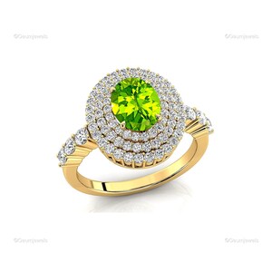 Oval Cut Green Peridot Ring • Triple Halo Natural Diamond • 14k/18k White Solid Gold August Birthstone • Anniversary or Promise Gift for Her