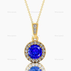 Round Cut Tanzanite Pendant in 14kt Solid Gold | Natural Gemstone Necklace with Halo Diamonds | Elegant Gift for Wife Bridal Pendant