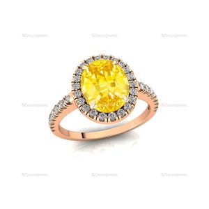 Oval Yellow Gold Solitaire Gold Ring - 14k 18k Yellow Gold Statement Halo Diamond Half Eternity Wedding & Engagement Jewelry Gift For Fiancé