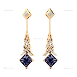 Alexandrite Earrings 14k 18k Solid Gold, June Birthstone Jewelry • Diamonds Dangle Drop Earrings Bridal Jewelry Gift for Daughter