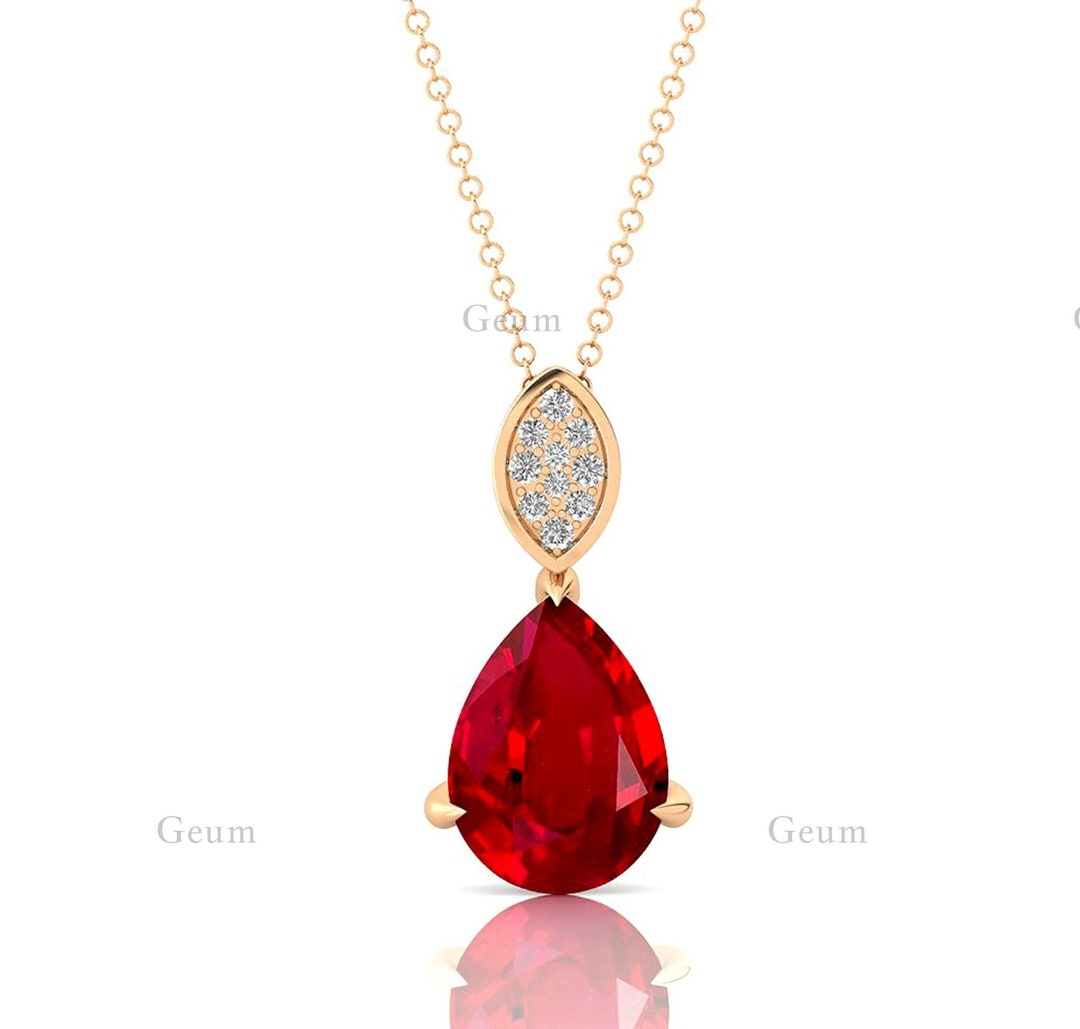 14K Gold Ruby Necklace, Gold Drop Necklace, Diamond Ruby Pendant, 14k