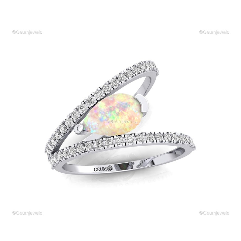 Valuable Opal Double Band Ring, Gemstone Ring, White Solitaire Ring