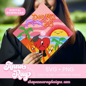 Adorno para birrete de graduación Dos Mil 25 SVG PNG Descarga instantánea, Un verano con diploma, Adorno para birrete de graduación de Bad Bunny, Clase de 2025, Adorno para birrete de graduación de Bad Bunny
