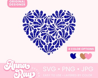 Mexican Talavera Corazón SVG PNG JPG Instant Download, Latina Svg Designs, Blue Talavera Design, Talavera Heart Svg, Talavera Pottery Design