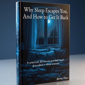 May include: A book titled "Why Sleep Escapes You, And How to Get It Back" features a nighttime bedroom scene with a full moon visible through a window. The cover includes the author's name, Bettie Floys, and a description of a 30-minute pre-bed reset.