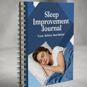 May include: A sleep improvement journal with a spiral binding and a blue cover. The cover displays the text "Sleep Improvement Journal" and the tagline "Track, Reflect, Rest Better." The image shows a person sleeping. The journal is for sleep tracking.