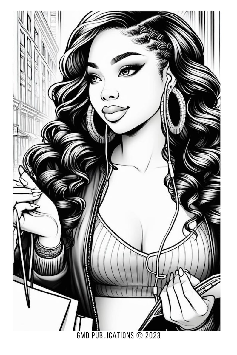 May include: Black and white illustration of a woman with long curly hair wearing large hoop earrings and a striped top. She is holding shopping bags and a phone in her hands. The background is a city street.