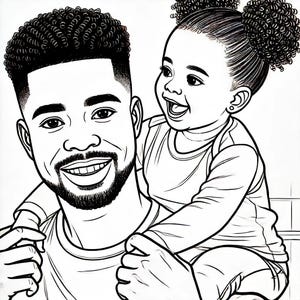 Pu&ograve; includere: Un disegno in bianco e nero di un padre e una figlia. Il padre sorride e ha la barba. La figlia &egrave; seduta sulle sue spalle e sorride.