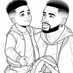 Pu&ograve; includere: Un disegno in bianco e nero di un padre e un figlio. Il padre tiene un pallone da calcio e sorride. Il figlio guarda il padre e sorride.
